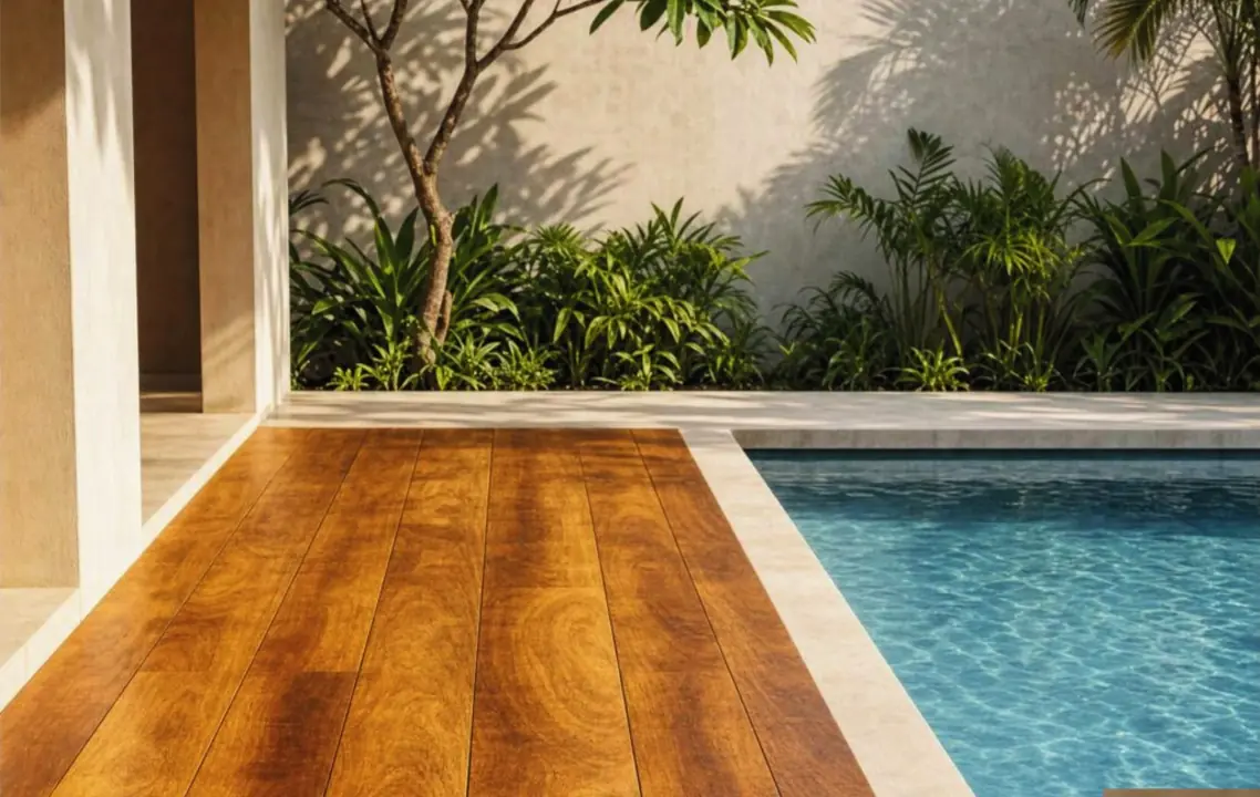Angelim-Pedra wood pool deck with warm brown-yellow boards.