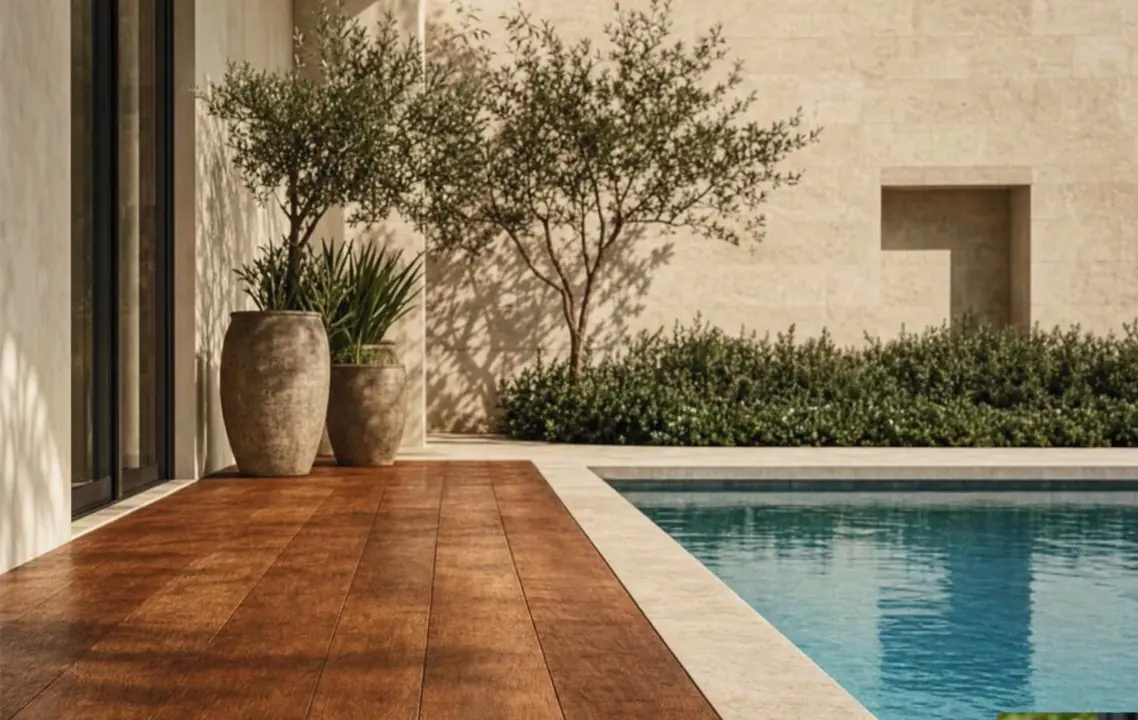 Cumaru wood pool deck with rich brown boards.