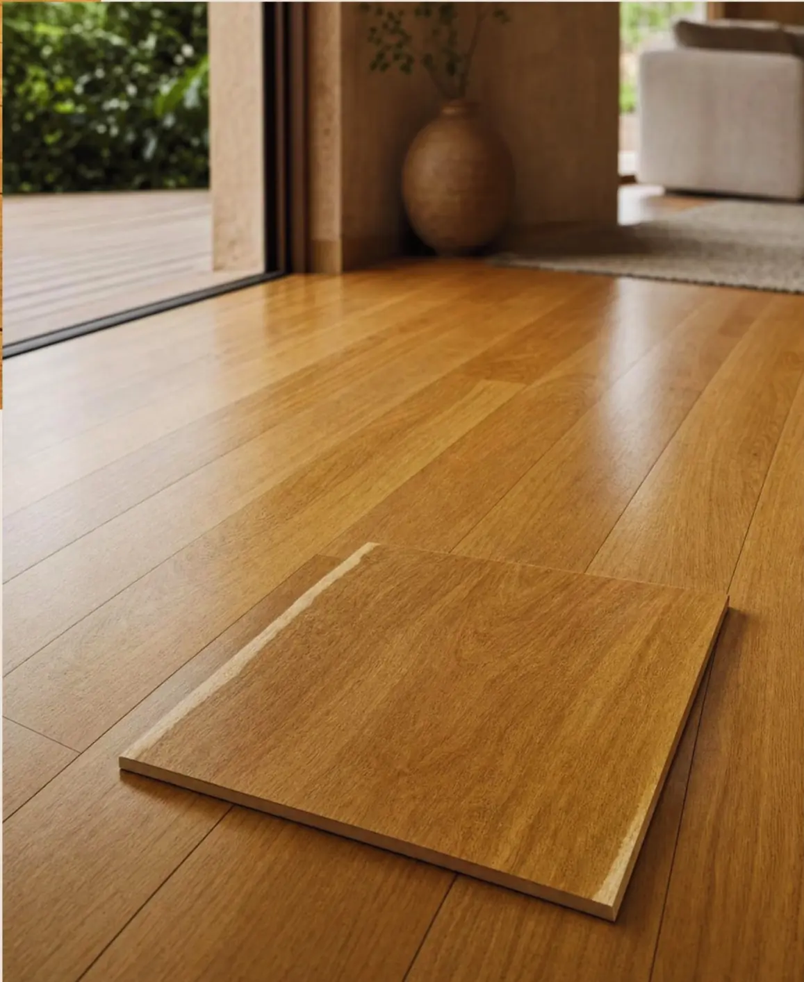 Garapeira hardwood flooring with golden boards and a matching sample in a contemporary interior.