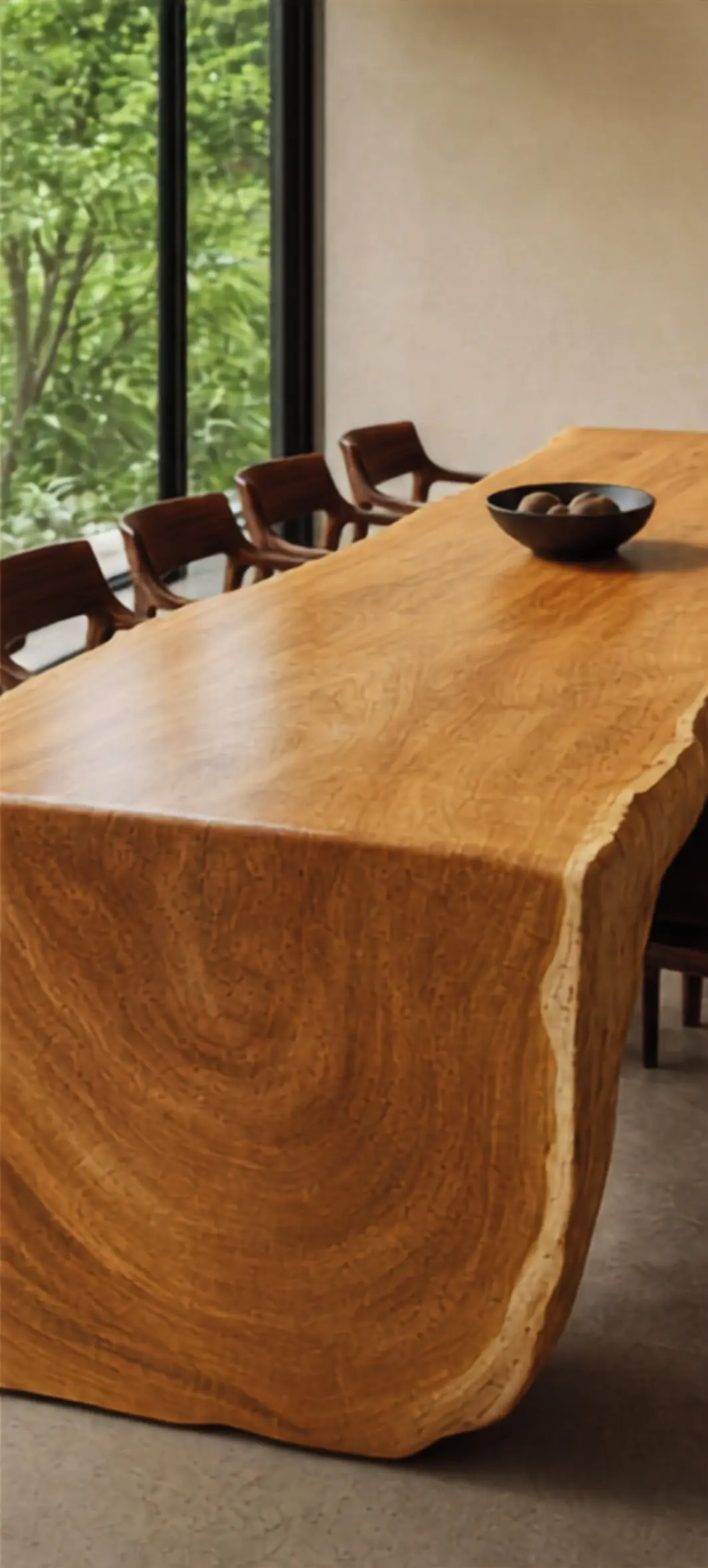 Garapeira live-edge waterfall dining table with golden natural grain in a contemporary interior.