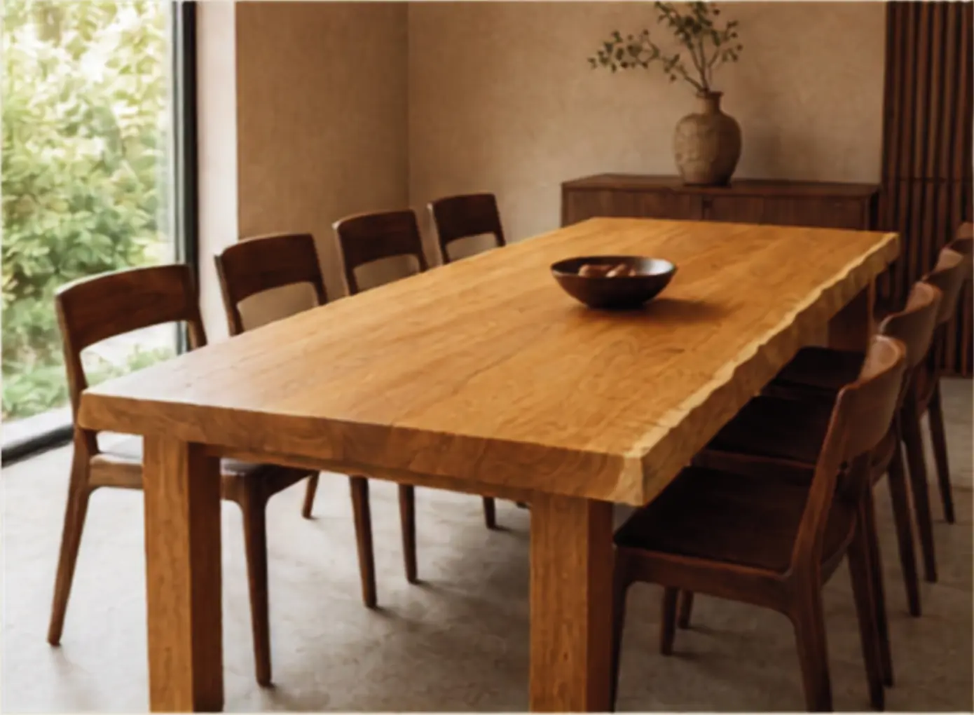 Solid Garapeira dining table with natural-edge top.