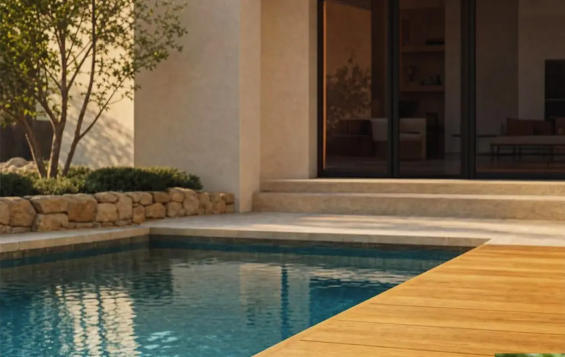 Garapeira wood deck surrounding a contemporary residential swimming pool.