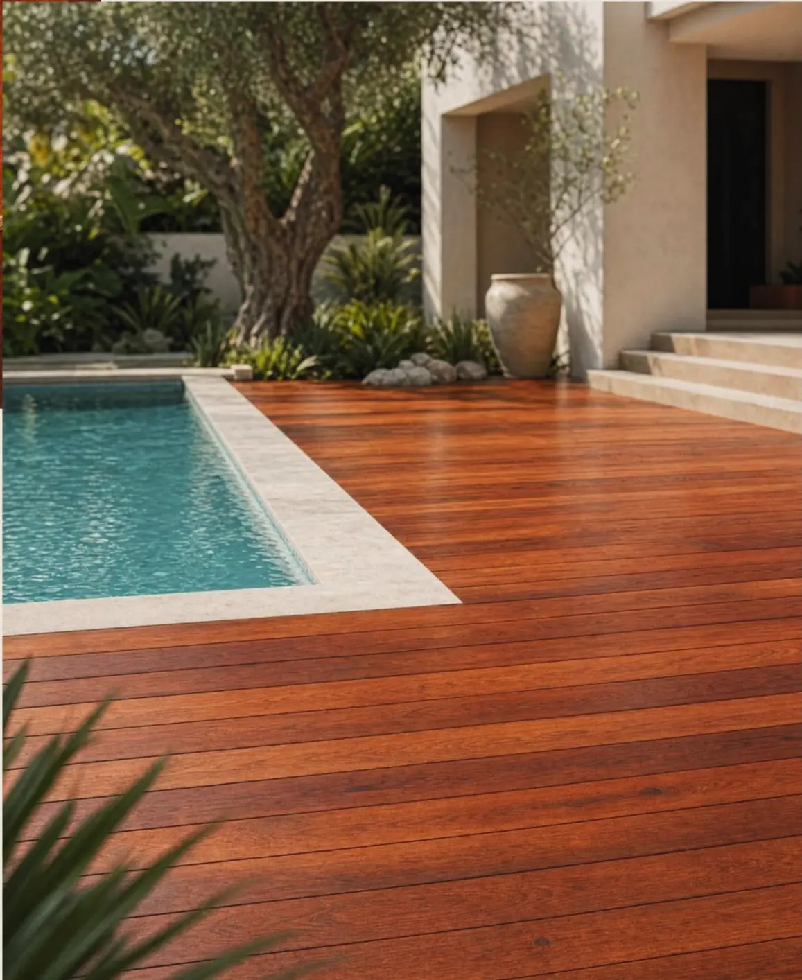 Jatoba hardwood flooring with warm reddish-brown boards.