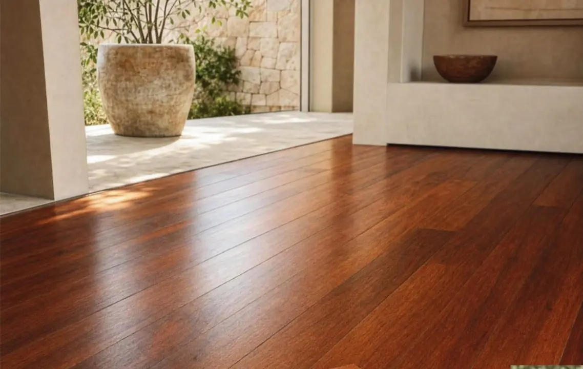 Jatoba wood pool deck with reddish-brown boards.