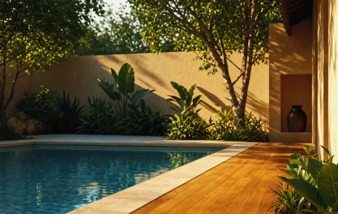 Oiticica-Vermelha wood pool deck with golden-honey boards.