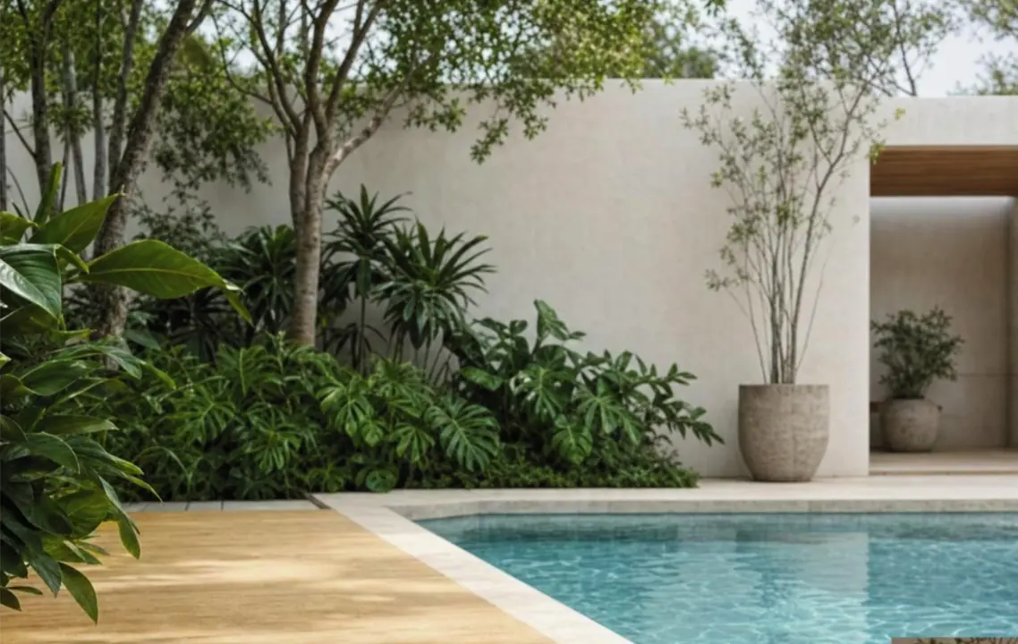 Pequia wood pool deck with pale honey boards.